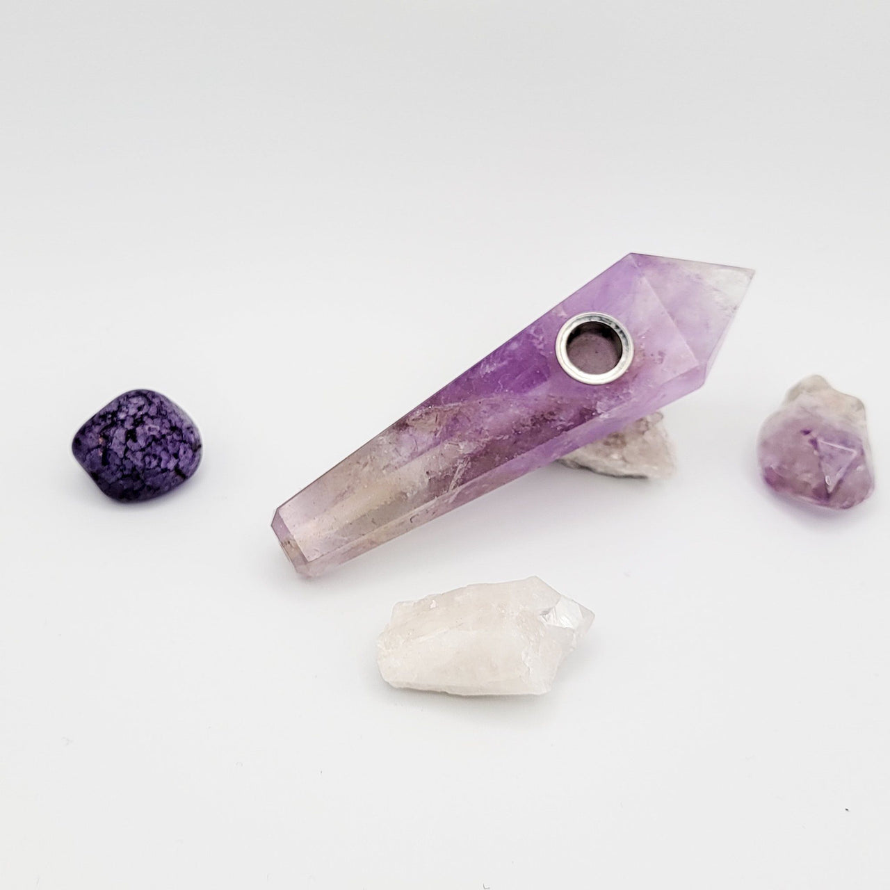 Amethyst Crystal Pipe, pairs well with a rose quartz pipe and labradorite crystal pipe, use search function to find other beautiful crystal pipes