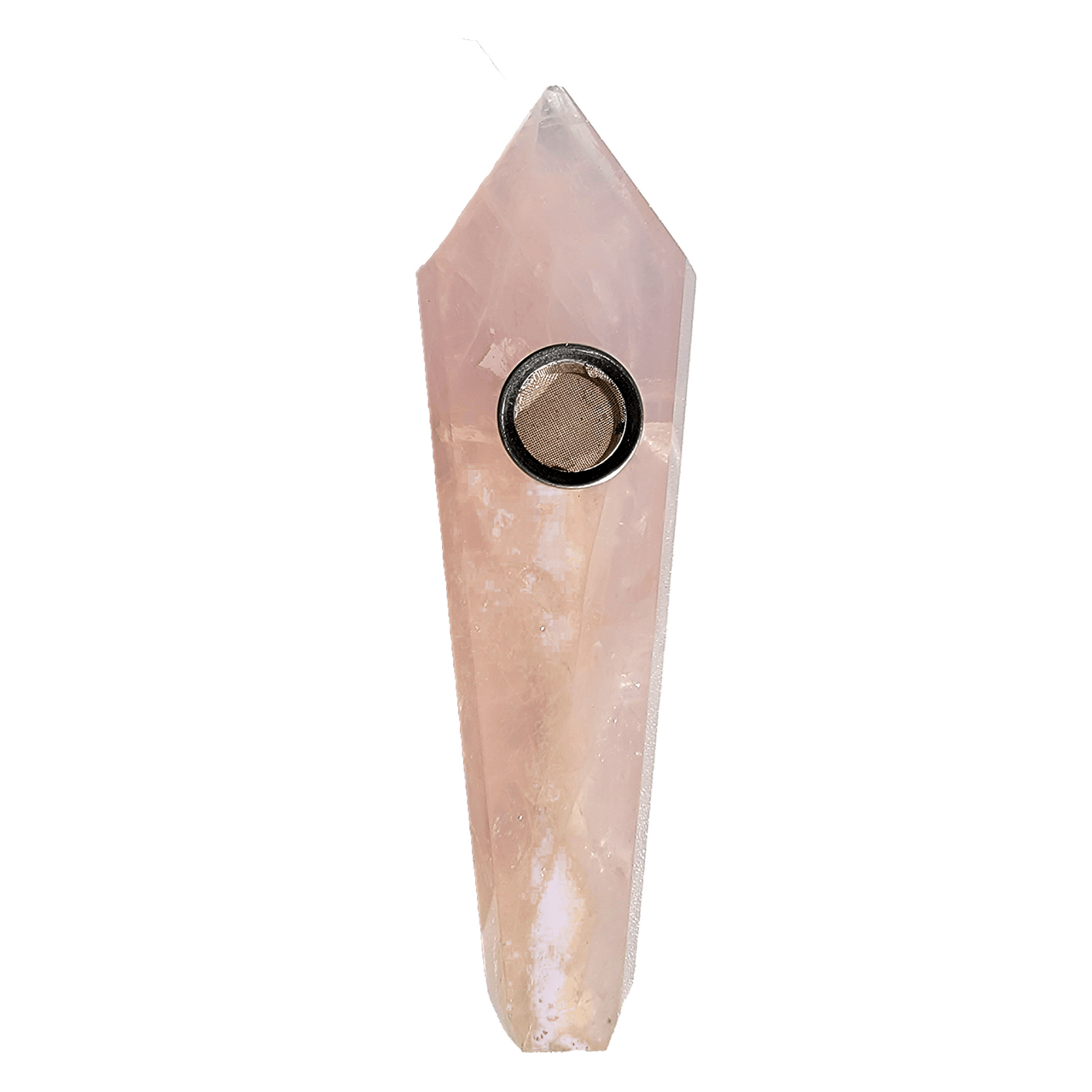 Cotton-Candy Rose Quartz Crystal Pipe. A rose quartz crystal pipe is one of the most beautiful of our selection. Goes well with amethyst, obsidian, and any variation of quartz crystal