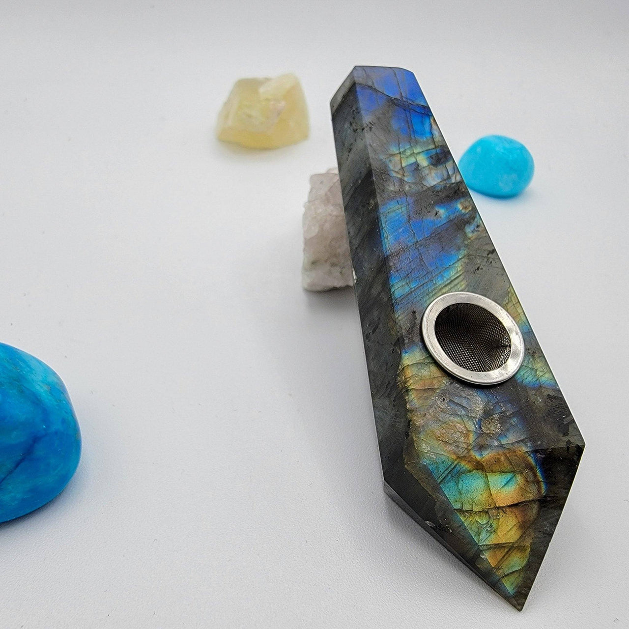 Deep Blue Labradorite Crystal Pipe one of the most popular gemstone pipes, may aid helping opening your crown chakra! A great gift to anyone