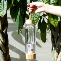 Thumbnail for Organic Bamboo Water Bottle Infused with Rose Quartz, Amethyst & Quartz Crystal Pipes 