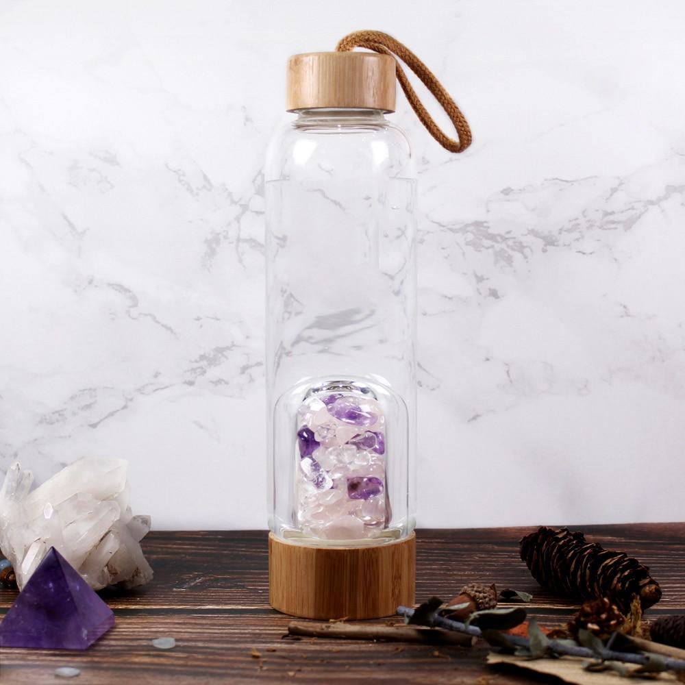 Organic Bamboo Water Bottle Infused with Rose Quartz, Amethyst & Quartz Crystal Pipes 