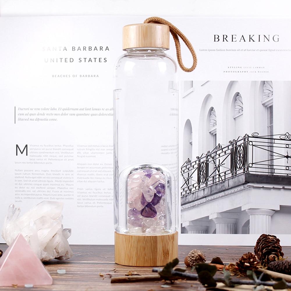 Organic Bamboo Water Bottle Infused with Rose Quartz, Amethyst & Quartz Crystal Pipes 